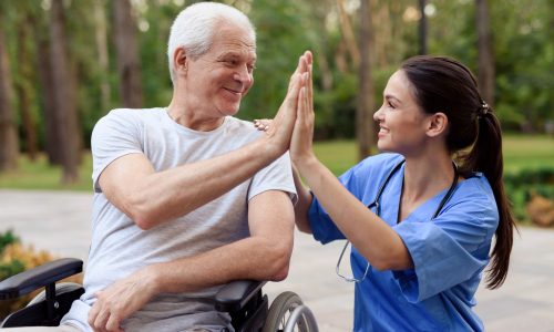 satisfied aged care patient with nurse